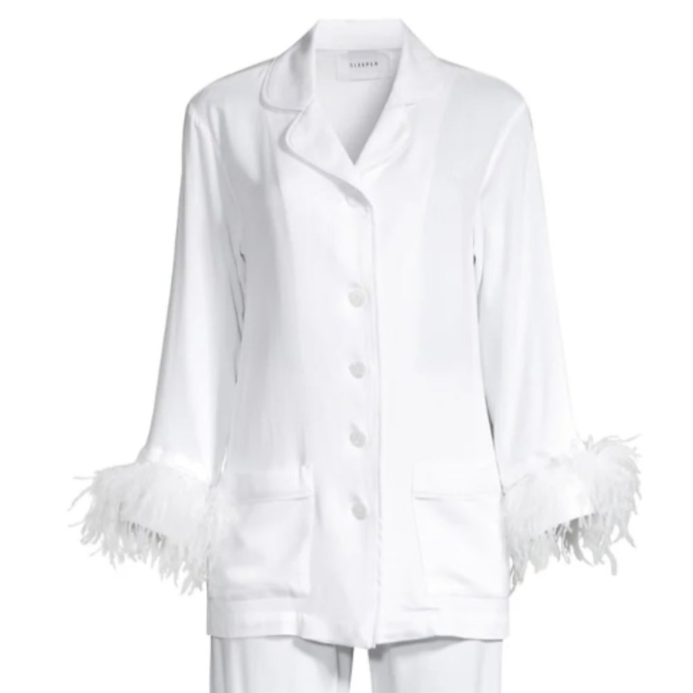 Sleeper Party Ostrich Feather-Trim 2-Piece Pajama Set | size XS
